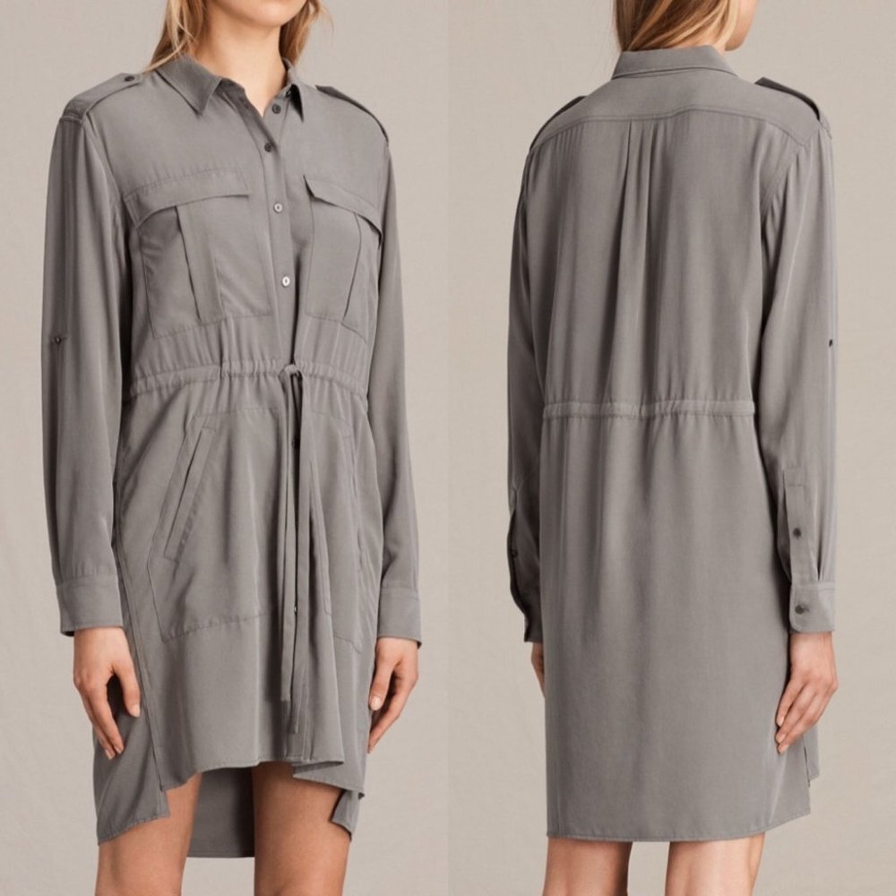 AllSaints Millie Shirt Dress Grey Modal Size Medium Military Style Long Sleeves